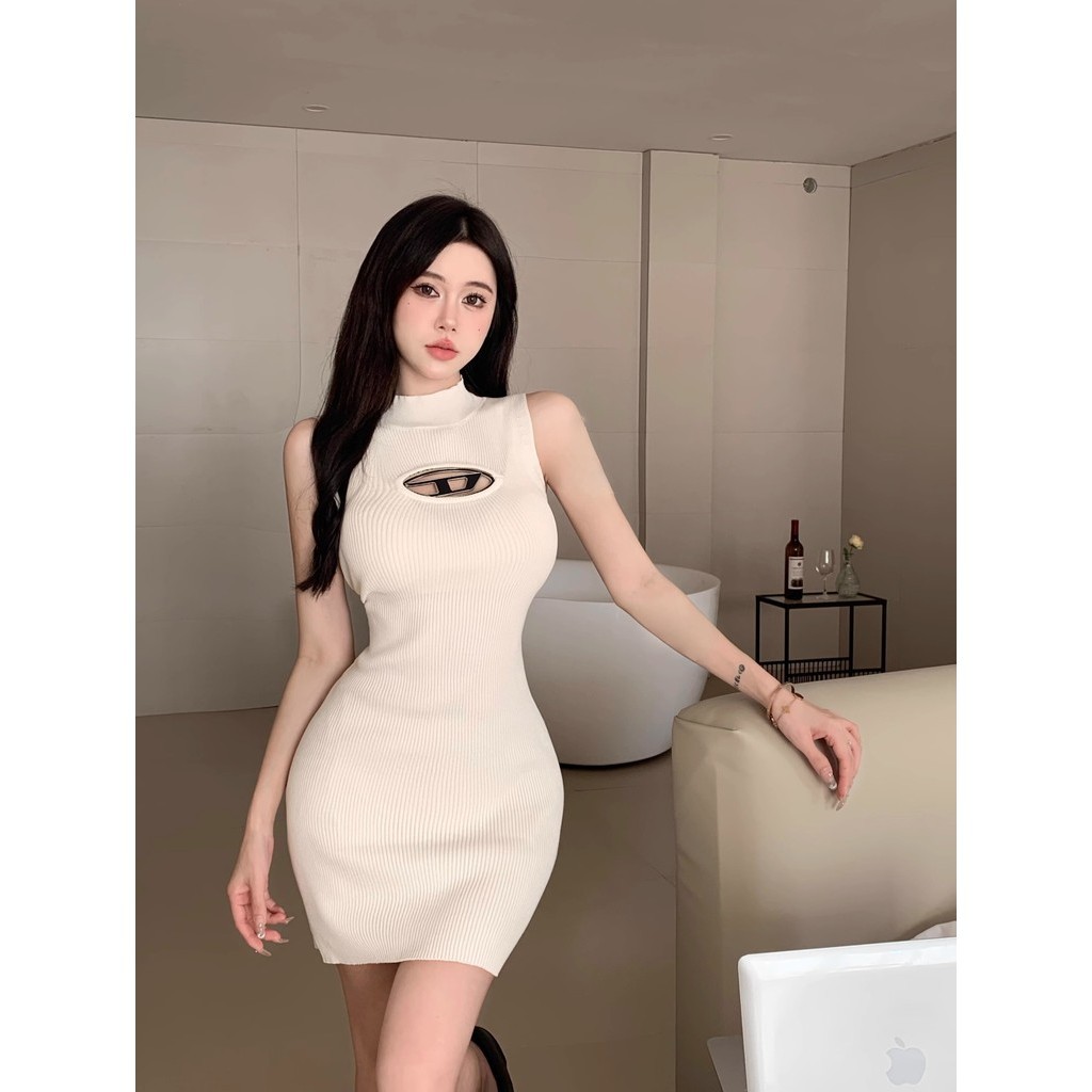 Suxi Phong Cách Hàn Quốc Thường Ngày Slim Fit Gợi Cảm Tối Giản Thời Trang Nửa Cổ Cao Không Tay Đầm Dệt Kim Nữ 240303