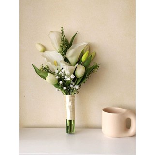 Bó hoa cưới cô dâu, hoa chụp ảnh cưới từ tulip và rum chất liệu cao su T019