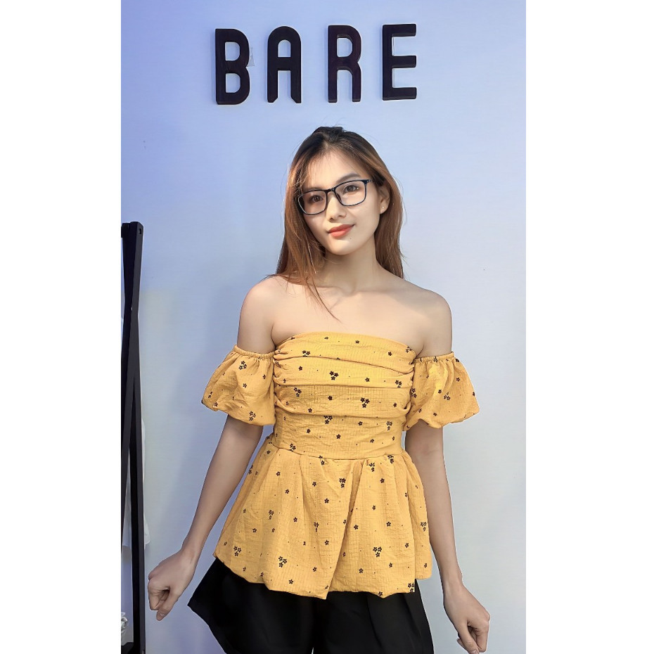 (Có Big Size) Áo Trễ Vai Nữ Tay Bồng Hoa Nhí 2 Lớp Chất Đũi Xốp Mềm Phong Cách Hàn Quốc Đáng Yêu - AO0119