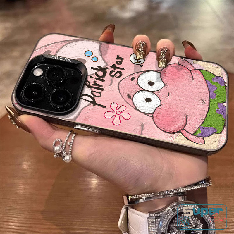 Cặp đôi hoạt hình dễ thương SpongeBob Patrick Star Case Tương thích cho IPhone 15 11 7plus 16 13 14 12 Pro Max X XS Max 8Plus XR 16 15 14 8 7 Plus SE Vỏ mềm ống kính kim loại mạ sang trọng