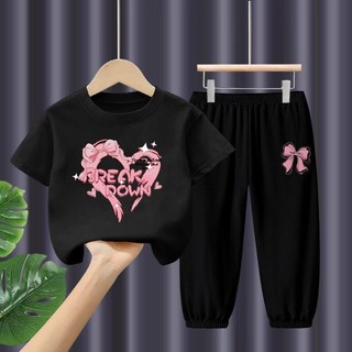 Bộ mùa hè năm 2025 Heart Kids Bộ áo thun ngắn tay in hình hoạt hình hợp thời trang và quần rộng Trang phục hai mảnh sành điệu cho bé trai và bé gái