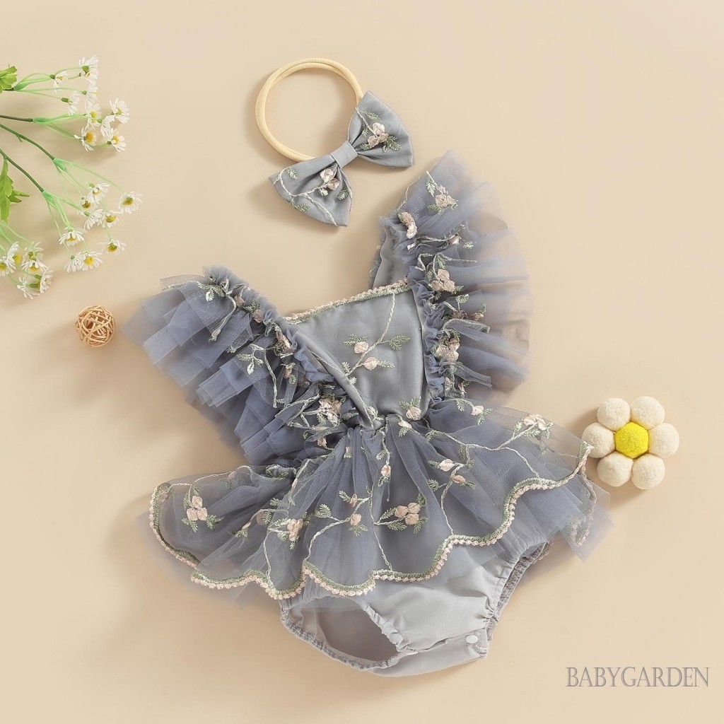 Baga-baby Bé Gái Áo Liền Quần Tay Bay Cổ Vuông Thêu Hoa Tulle Áo Liền Quần Cho Trẻ Sơ Sinh Có Nơ Băng Đô