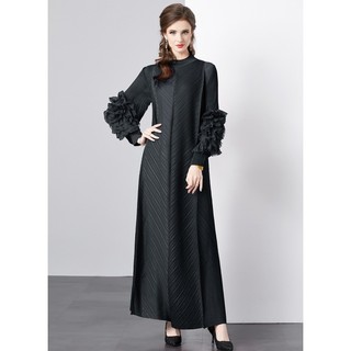 Miyake Xếp Ly 2024 Châu Âu Mỹ Thời Trang Phong Cách Mới Quần Áo Nữ Xếp Ly Dài Nguyên Bản Sang Trọng Dài Tay Xù Cao Cấp Đầm Co Giãn