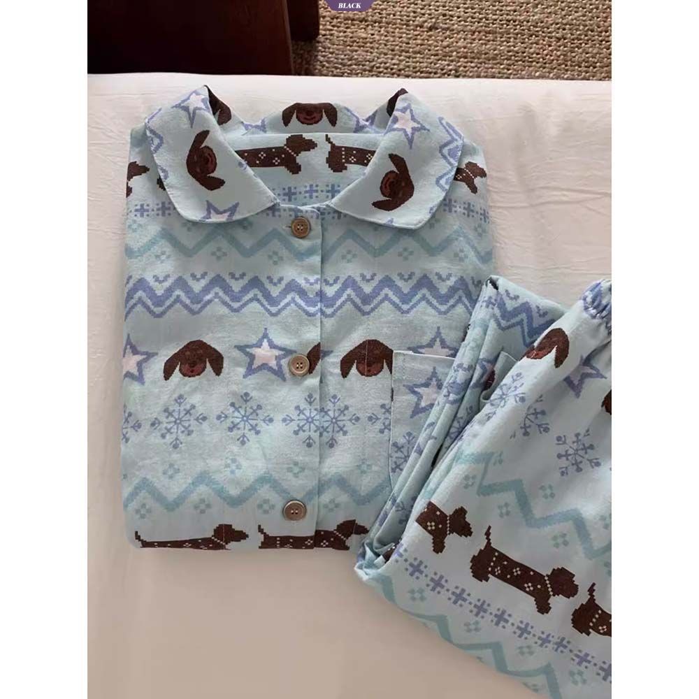 Bộ đồ ngủ dễ thương Isle Dachshund dành cho nữ Xuân Thu 2025 Quần dài tay mới Bộ đồ mặc nhà [BL]