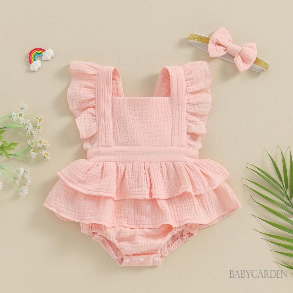 Baga-baby Bé Gái Áo Liền Quần Có Băng Đô Màu Trơn Cổ Vuông Bay Tay Trẻ Sơ Sinh Body Quần Áo Mùa Hè