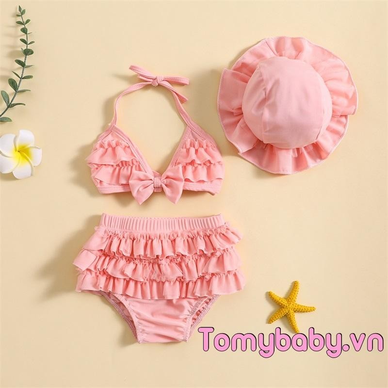 Bé Gái Mùa Hè 3 Bộ Trang Phục Đồ Bơi Áo Treo Cổ + Quần Short Ruffle Lớp + Mũ