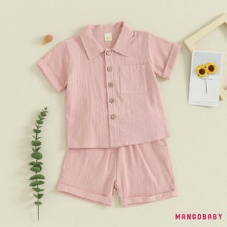 Mg-toddler Bé Trai Mùa Hè Cotton Vải Lanh Trang Phục Màu Trơn Tay Ngắn Nút Xuống Áo Sơ Mi Có Quần Short