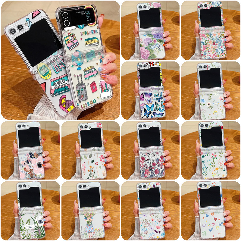 Dễ Thương Nhiều Màu Sắc Tươi Họa Tiết In Hình Trong Suốt Cho Samsung Galaxy Z Flip 5 Flip 3 Flip 4 Có Bản Lề Trong Suốt Cứng PC Gấp Ốp điện thoại Cho Samsung Z Flip5 Flip4 Flip3