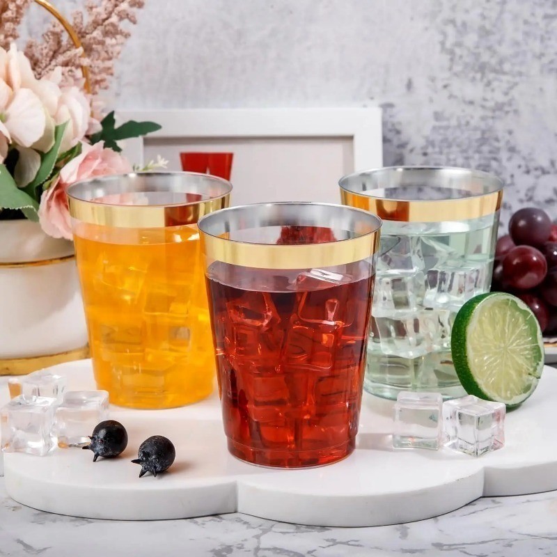 Ly rượu nhựa dùng một lần - 25PC 270ML Gold Clear Cups - Bộ đồ ăn có thể tái sử dụng - dành cho đồ uống, sinh nhật, đám cưới, tiệc tùng - Đồ dùng gia dụng