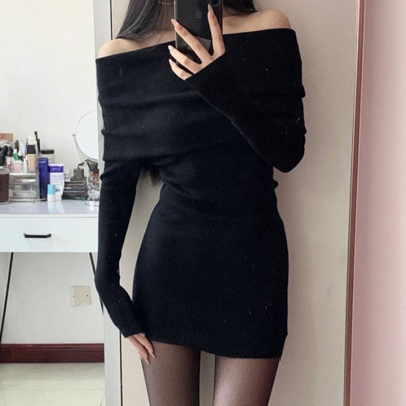 "Có size- Vải gân xịn" Đầm ôm body nữ trễ vai tay dài quyến rũ cho nữ tont màu basic dành cho mùa Noel , Tết- D02