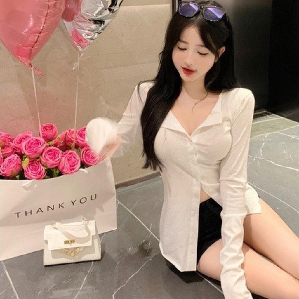 Áo kiểu tay dài PINKSTORE29 có cúc cài, cổ kiểu bẻ dáng ôm body gợi cảm A5557