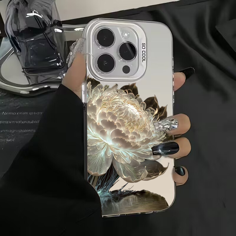 Ốp Lưng Cho iPhone 11 12 13 14 15 Pro Max XR X XS 7 8 Plus Sang Trọng Hoa Sen Mạ Điện Bạc IMD Vỏ Chống Sốc