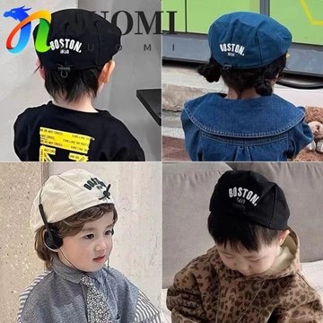 Mũ nồi cho bé NUOMI, Mũ lưỡi trai thêu chữ có dây rút cho trẻ em, Mũ lưỡi trai trẻ em màu trơn cổ điển phong cách Hàn Quốc Mũ lưỡi trai mùa thu