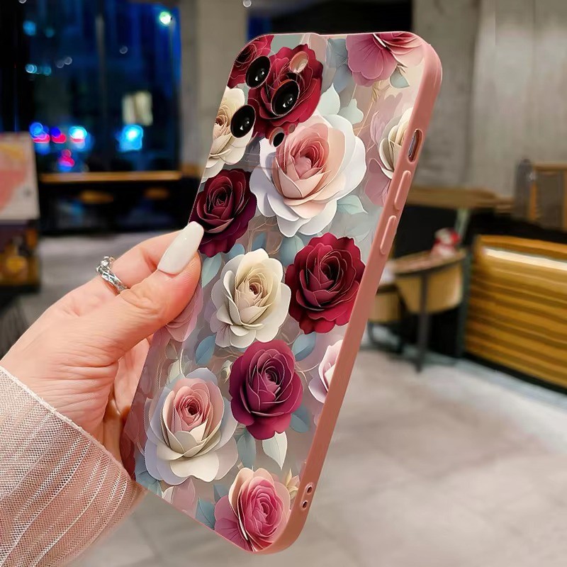 Ốp Điện Thoại Chống Sốc Họa Tiết Hoa Hồng Cho iPhone 13 11 12 14 15 16 Pro Max 16e XR X XS 7 8 Plus SE2 Matte Soft Cover