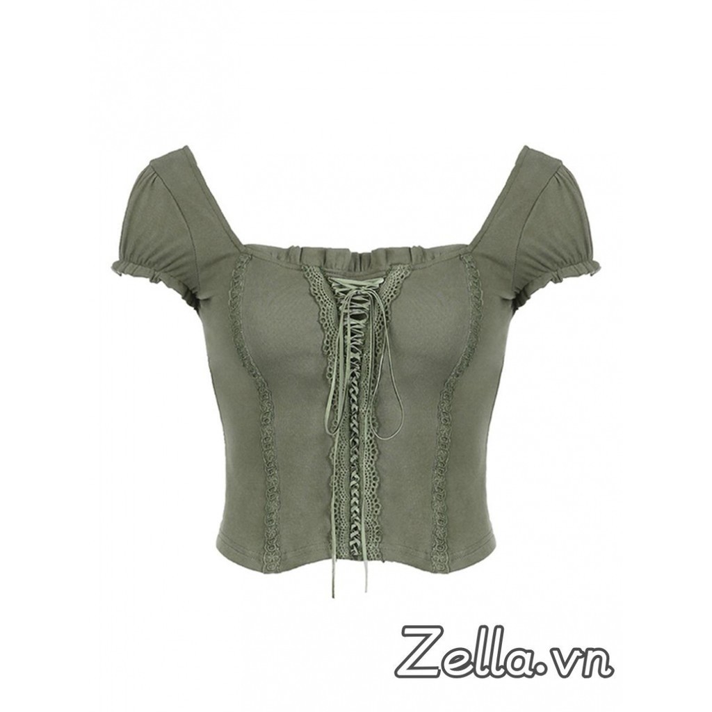 Áo Thun Croptop Tay Ngắn Dáng Ôm Cột Dây Trước Phối Ren Thời Trang Mùa Hè Cho Nữ