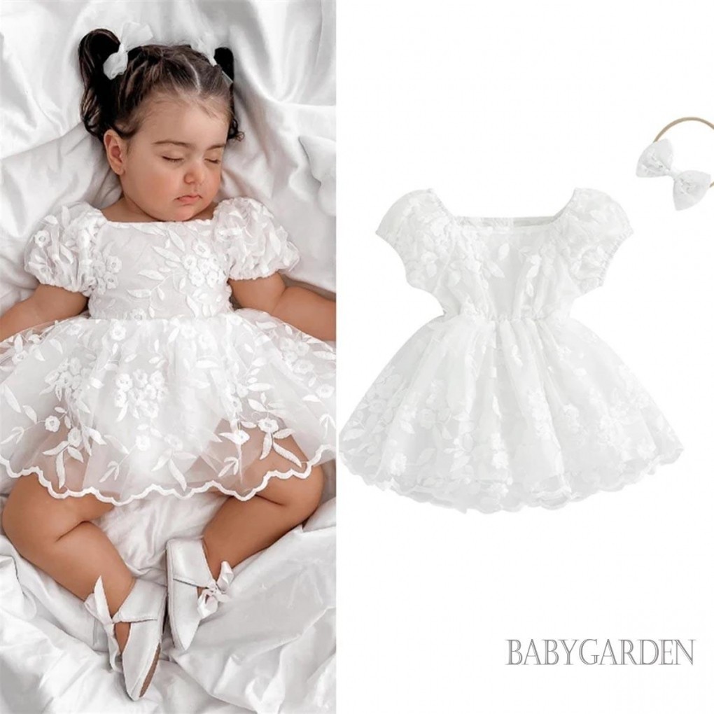 Baga-baby Bé Gái Rompers Đầm Hoa Thêu Tay Phồng Lớp Tulle Viền Trẻ Sơ Sinh Body Có Băng Đô Trắng