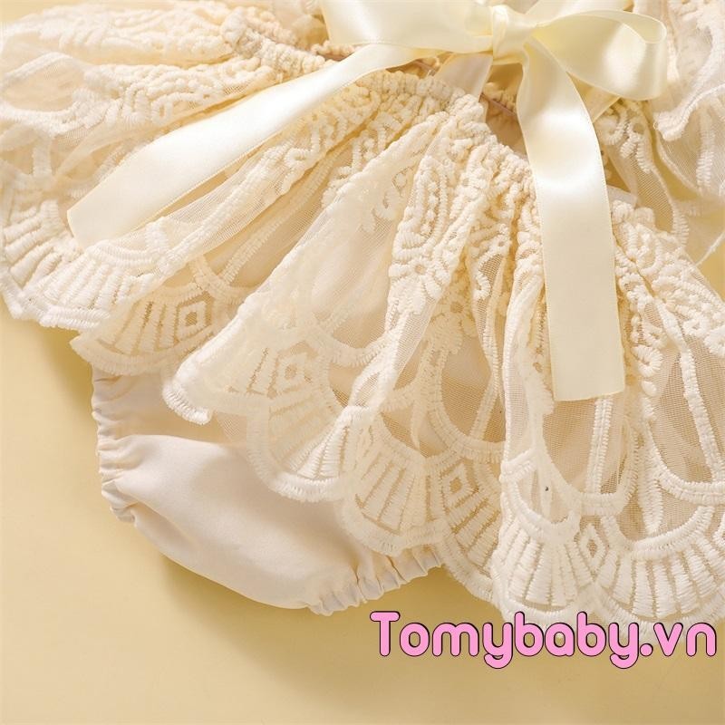 Bé Gái Mùa Hè Ren Romper Đầm 3D Hoa Bay Tay Vuông Cổ Áo liền quần + Nơ Đầu Bộ 2 Chiếc