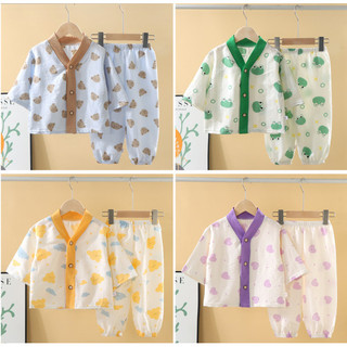 (6m-18Y) Bộ Đồ Ngủ Trẻ Em Bé Trai Bé Gái Nửa Tay Áo Cardigan Lớn Gạc Quần Áo Gia Đình Mềm Mại Plus Kích Thước Quần Áo Điều Hòa