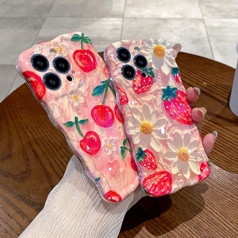 Dành Cho iPhone 15 Pro Max 14pro Max 15 Plus Tranh Sơn Dầu Anh Đào Dâu Tây Ốp Lưng Điện Thoại iPhone 12 13 14 Pro Max 12promax 15promax 13promax Mềm IMD Chống Sốc Ốp Lưng Vồng Khung