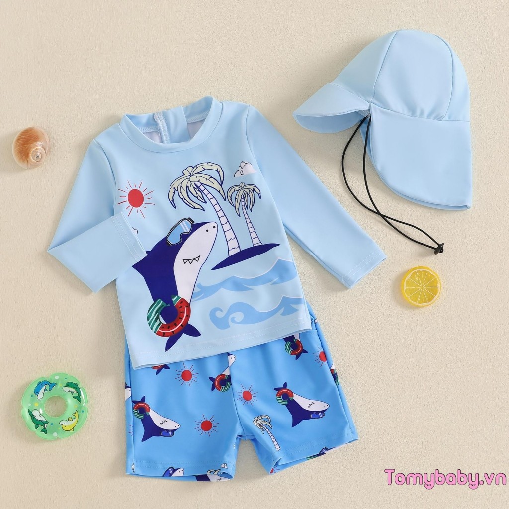 Bộ đồ bơi bé trai họa tiết chống nắng Áo cổ tròn dài tay + Quần short cá mập + Bộ mũ bơi