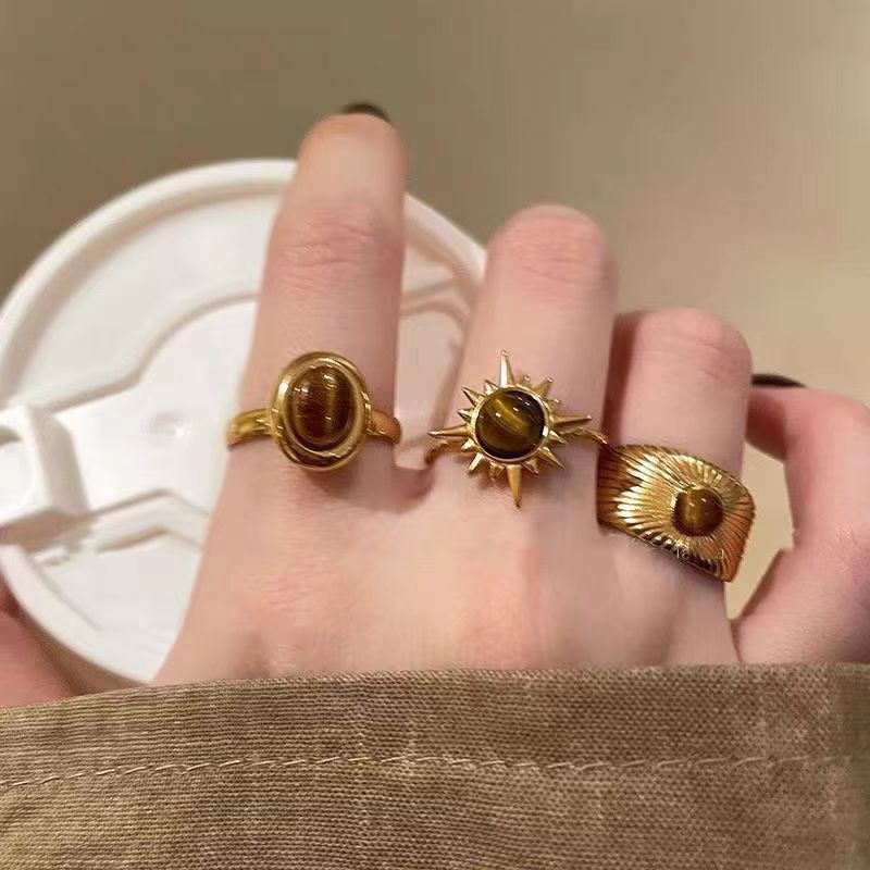 Benge Thời Trang Ngày Lễ Hoa Hướng Dương Mắt Hổ Rộng Màu Be Mắt Hổ Mở Đầu Nhẫn Quà Tặng Trang Sức