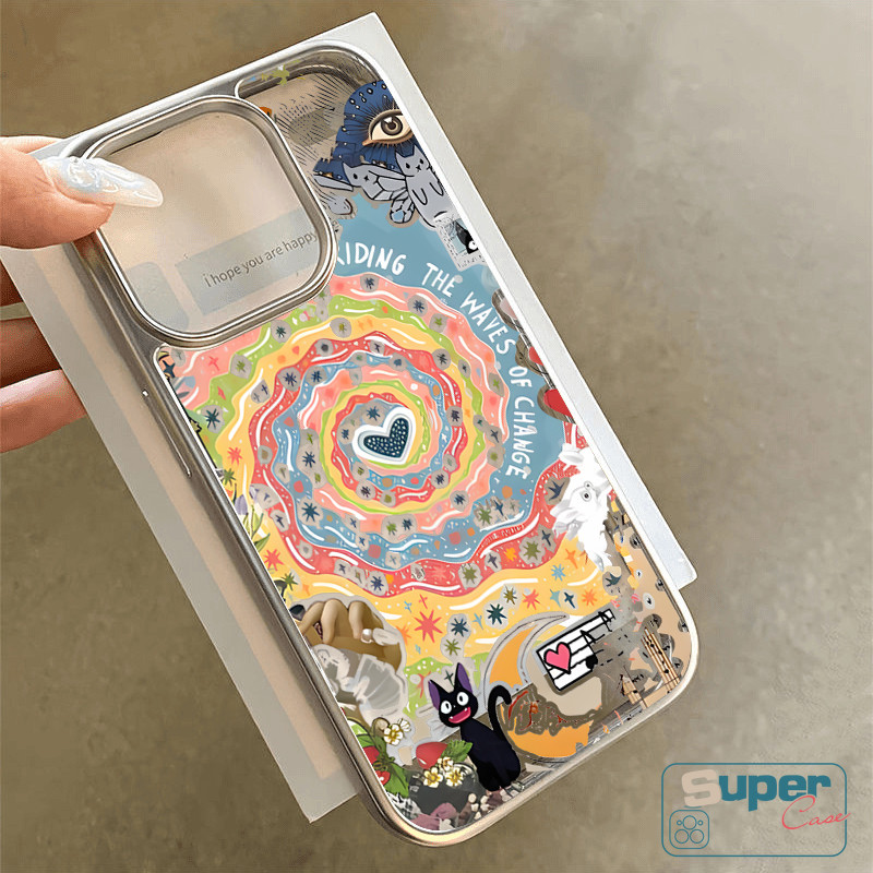 Sáng Tạo Retro Nghệ Thuật Dễ Thương Cô Gái Mặt Trời Xoay Mèo Tương Thích Cho IPhone 15 16 11 13 14 12 Pro Max 7Plus X XS Max XR 15 8 16 7 Plus SE Khung Mạ Điện Sang Trọng Trong Suốt Bìa Mềm