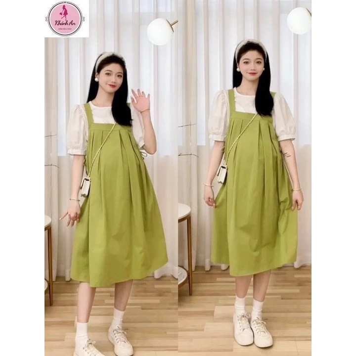 Đầm váy bầu hè-Set yếm liền phối áo cộc tay bồng trắng-Váy bầu công sở thiết kế dáng suông đi làm... ĐẦM BẦU KHÁNH AN