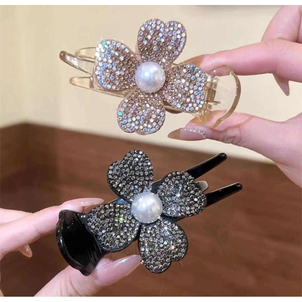 Full Diamond Pearl Bốn Lá Cỏ Ba Lá Lấy Kẹp Tóc Hoa