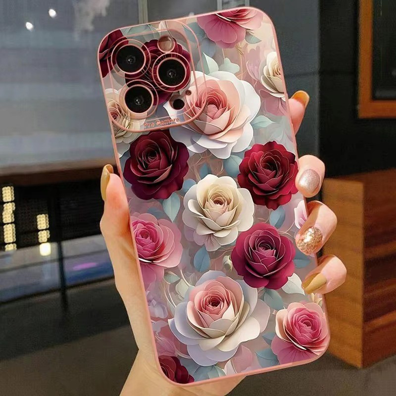 Ốp Điện Thoại Chống Sốc Họa Tiết Hoa Hồng Cho iPhone 13 11 12 14 15 16 Pro Max 16e XR X XS 7 8 Plus SE2 Matte Soft Cover