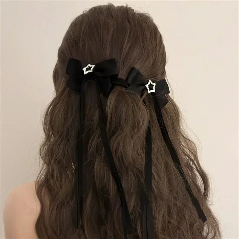 Phụ Nữ Màu Hồng Nơ Đen Ngôi Sao Ruy Băng Dài Kẹp Tóc ​- Kẹp tóc nơ Satin dễ thương ngọt ngào cho bé gái ​- Barrettes thời trang Hàn Quốc dành cho nữ ​- Phụ kiện tóc phổ biến