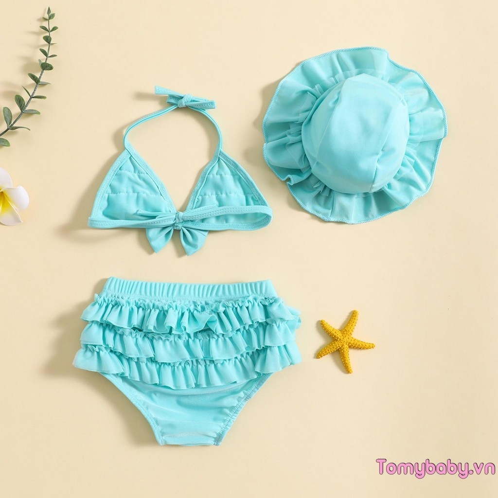 Bé Gái Mùa Hè 3 Bộ Trang Phục Đồ Bơi Áo Treo Cổ + Quần Short Ruffle Lớp + Mũ