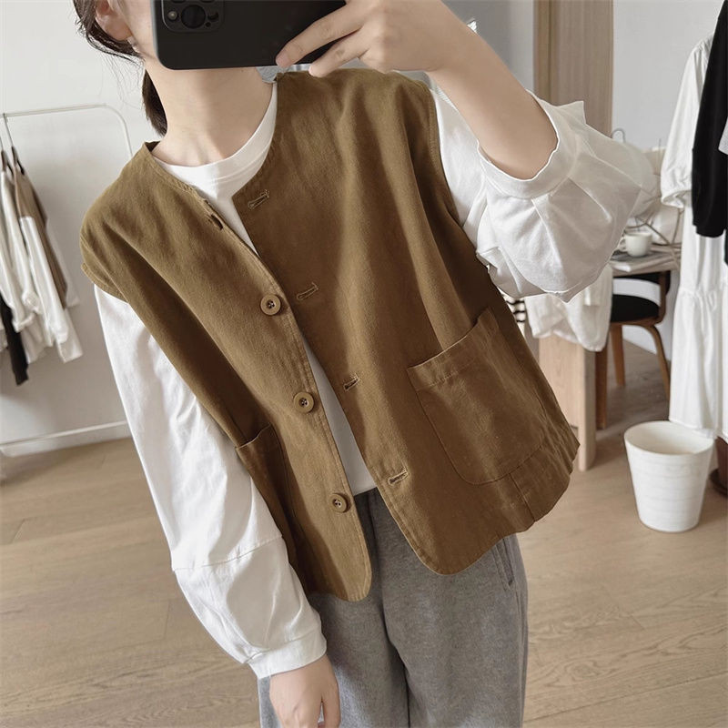 Áo Vest Cổ Tròn Nữ Mùa Xuân Thu Mới Rời Quá Khổ Retro Túi