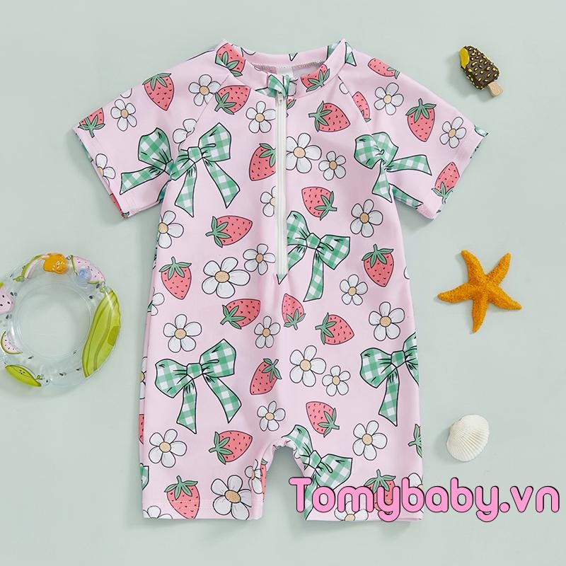 Bộ đồ bơi bé gái tập đi Cherry / Bow Print Zipper Tay ngắn có khóa kéo Bộ đồ tắm