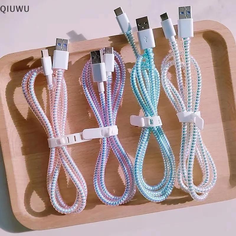 Qiuwu 1.6m Dây cáp sạc xoắn ốc Bảo vệ dây chống vỡ Dây bảo vệ lò xo cho cáp sạc USB Bộ cuộn dữ liệu tai nghe.