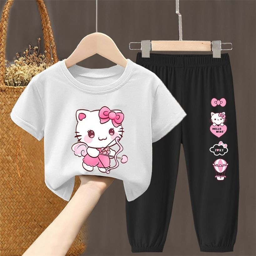 2025 Mèo Kitty Mới Trẻ Em Mùa Hè Bộ Áo Thun Tay Ngắn Thời Trang Và Quần Chống Muỗi Trang Phục Thường Ngày Và Đa Năng Cho Bé Trai Và Bé Gái