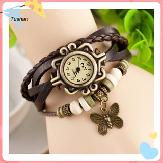 [Ts] Đồng hồ có thể điều chỉnh Đồng hồ đeo tay bằng da giả phong cách Bohemian Vòng đeo tay bướm đính cườm nhiều lớp dành cho nữ Dây đeo bằng da giả cổ điển có mặt dây chuyền Phụ nữ hợp thời trang