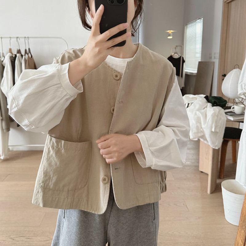 Áo Vest Cổ Tròn Nữ Mùa Xuân Thu Mới Rời Quá Khổ Retro Túi