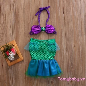 Bé Gái Hai Mảnh Đồ Bơi Treo Cổ Vỏ Ngọc Trai Dây Bikini Áo + Vải tuyn Chắp Vá Nàng Tiên Cá Đuôi Đồ Bơi