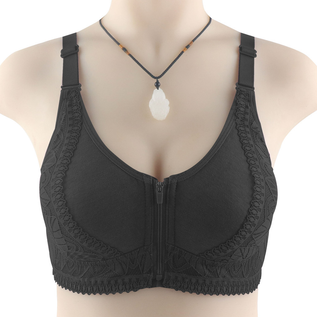Cốc cotton mềm mới có khóa kéo phía trước đồ lót trung niên và người già dành cho nữ không có vòng thép, lưng ren đẹp, áo ngực cỡ lớn có thể điều chỉnh