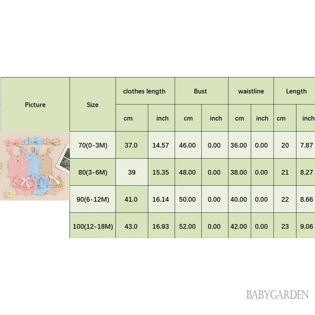 Baga-bộ quần áo 3 món bé gái Áo liền quần có gân màu trơn + Quần short xù co giãn + Băng đô mùa hè