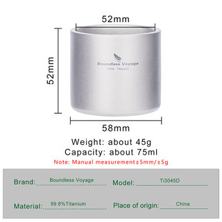 Boundless Voyage Titanium 75ml Cốc Hai Tường Cà Phê Trà Cốc Ba Lô Nhẹ Di Động Cắm Trại Nóng Lạnh Nước Uống