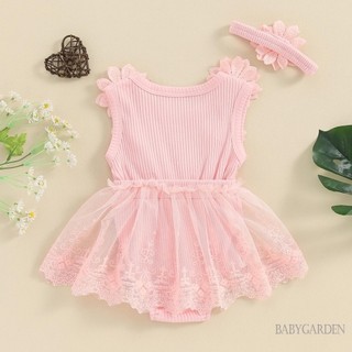 Baga-infant Bé Gái Mùa Hè Không Tay Cổ Tròn Tuyn Chắp Vá Ren Hoa Romper Có Băng Đô