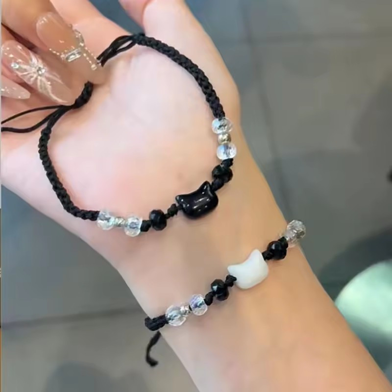 [3-5 ngày để đến] Vòng tay cặp đôi mèo trắng đen - Quà tặng người yêu ngày lễ tình nhân - Có thể điều chỉnh, thời trang, đơn giản, dễ thương - Dây tay đính cườm mặt trăng - Trang sức nam nữ