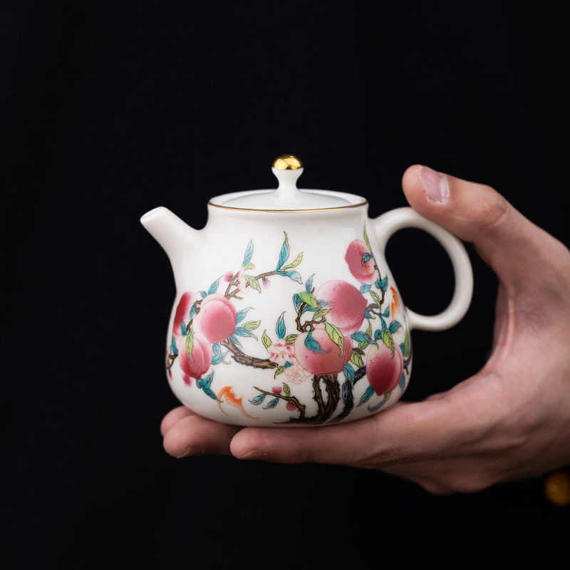 ✨Retro Pastel Chín Đào Năm Fushou Đào Kung Fu Trà Bộ Ấm Trà Đơn Nồi Chủ Cốc Thực Vật Gỗ Xám Một Nồi Một Cốc Hộ Gia Đình
