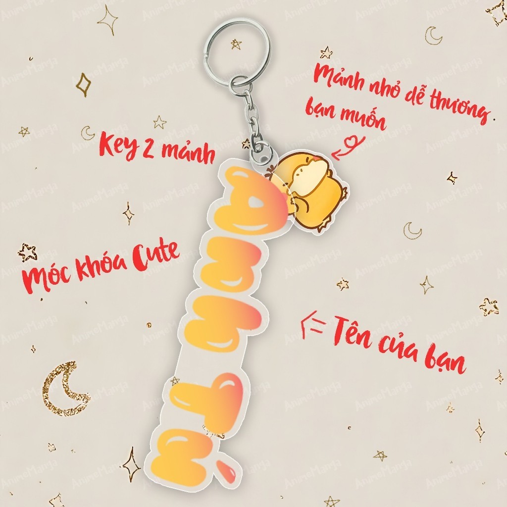 Móc khóa in tên theo yêu cầu kèm hình dễ thương, móc khoá in tên 2 chi tiết  - Xưởng quà tặng Sango