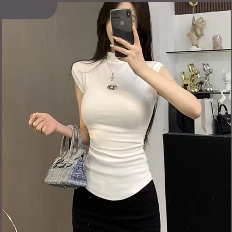 Milyfashion Mỹ Retro Nửa Cổ Cao Chính Hãng Vai Skinny Không Tay Áo Thun Nữ Mùa Hè Hot Girl Slim-fit Slimmer Nhìn Sang Trọng Ngắn