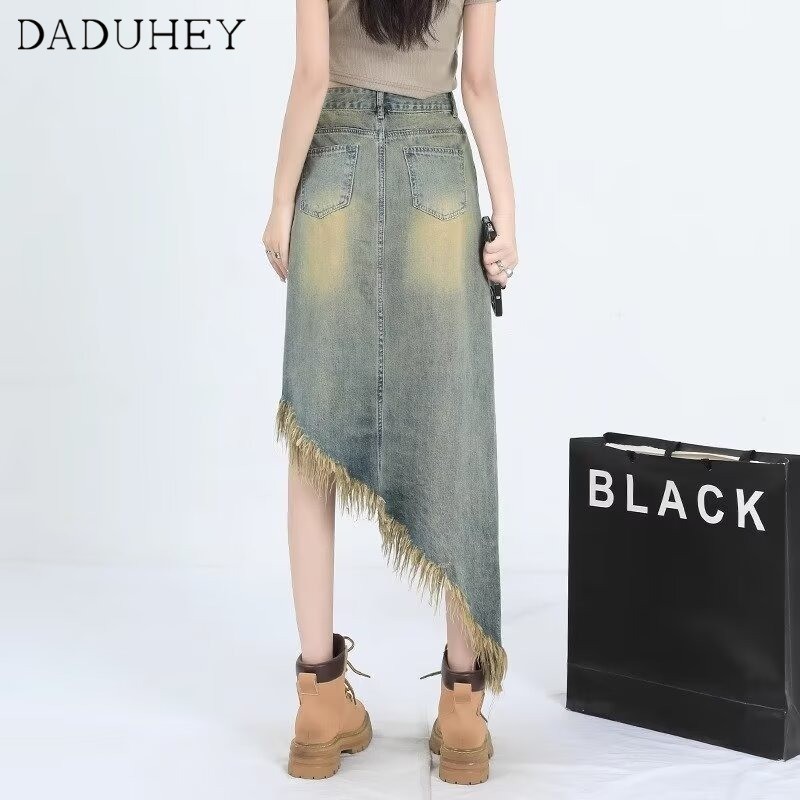 Ảnh DaDuHey New American Ins High Street Retro Denim Skirt Niche High Waist A- Line Skirt plus Size Long Skirt 3