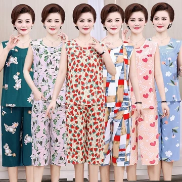 Bộ đồ lụa Cotton dành cho người cao tuổi trung niên Bộ đồ mặc nhà bằng lụa Cotton dành cho mẹ Bộ đồ ngủ nữ không tay Rayon Bộ đồ hai mảnh Bộ đồ lụa Cotton dành cho người cao tuổi Bộ đồ ngủ bằng lụa Co