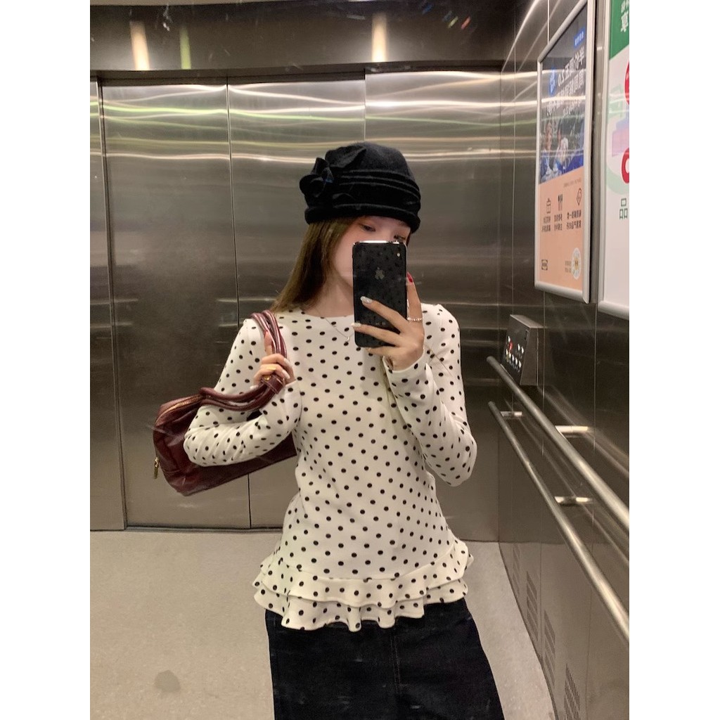 SUXI Áo thun nữ cổ điển kiểu Pháp chấm bi thời trang đơn giản Slim Fit cổ tròn dài tay Áo thun nữ ren viền hàng đầu 250215