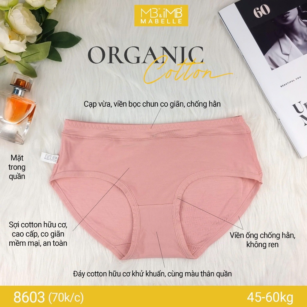 Quần lót nữ cotton hữu cơ MB Mabelle 8603 - Basic Organic 100%, siêu mềm mại, khử khuẩn - Set 5c